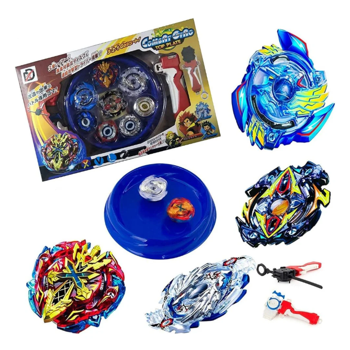 Collection of Beyblade toys with packaging on a white background