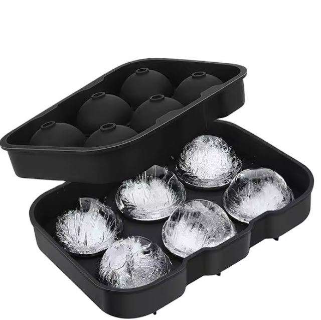 Black Silicone Ice Ball Mold Tray with Lid | 6 Large Sphere Maker for Drink& Cocktails