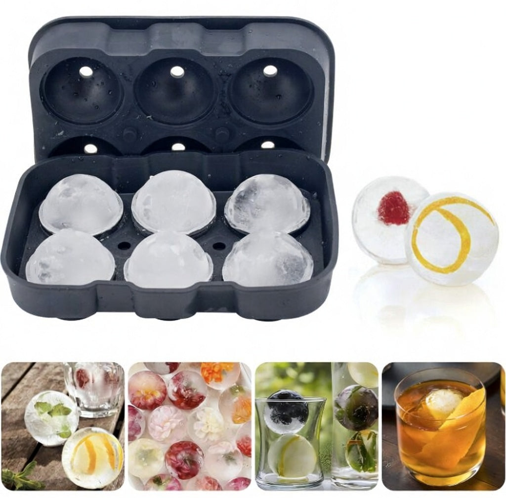 Black Silicone Ice Ball Mold Tray with Lid | 6 Large Sphere Maker for Drink& Cocktails