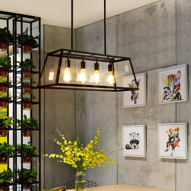 Loft Retro Wrought Iron Glass Box Chandelier – 4-Light Pendant Light